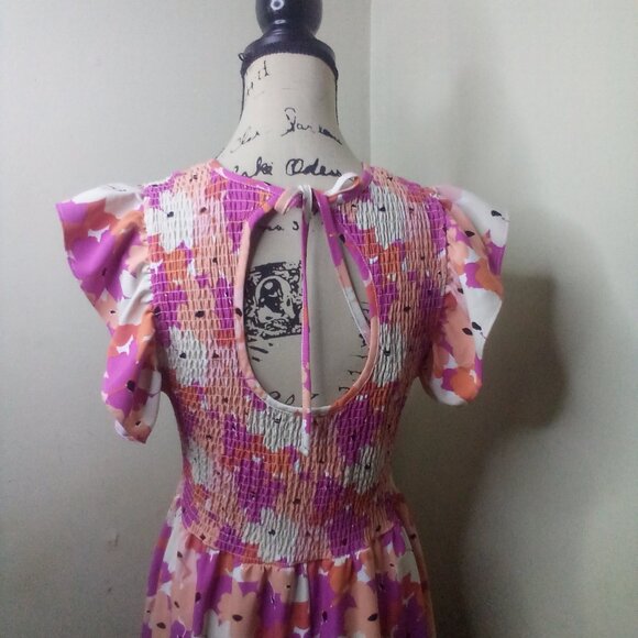 Michelle McDowell Dress Women M ? Short Ruffle Sleeve Smocked Floral Pink Orange - Picture 14 of 16